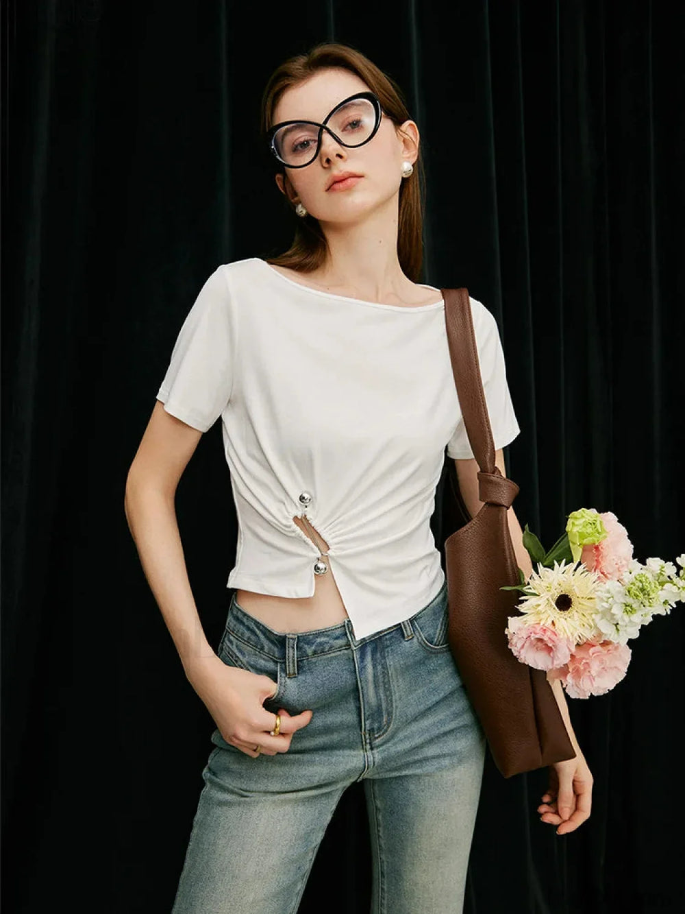 One Shoulder Twisted Waist Crop T Shirt