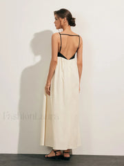 Open Back Contrast Pocket Long Dress Beige / XS Dresses