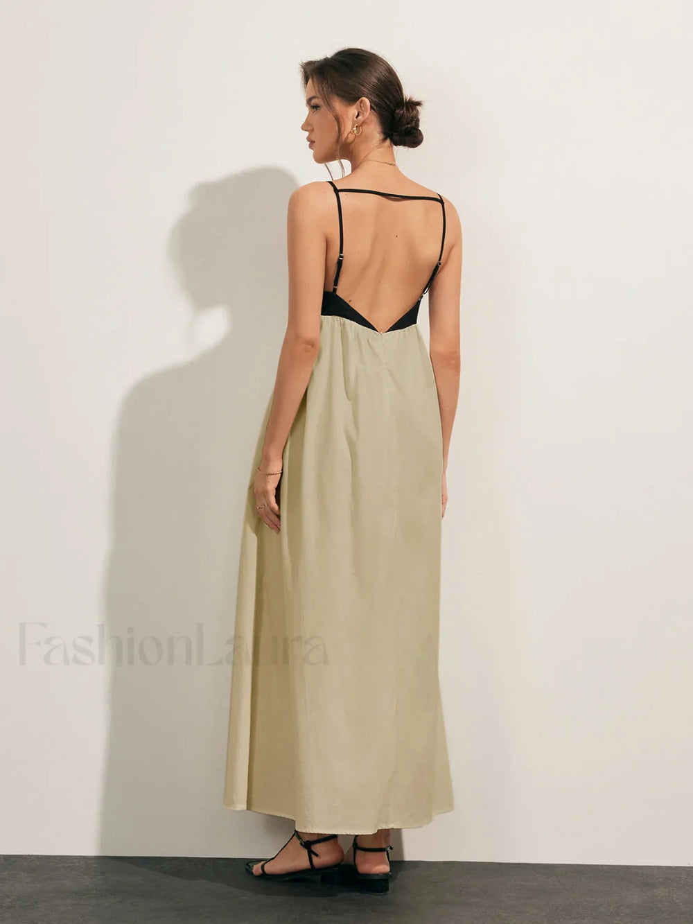 Open Back Contrast Pocket Long Dress Dresses