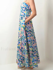 Open Back Floral Zipper Maxi Dress Blue / S