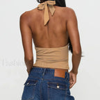 Open Back Solid Halter Crop Top
