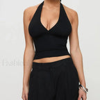 Open Back Solid Halter Crop Top Black / S