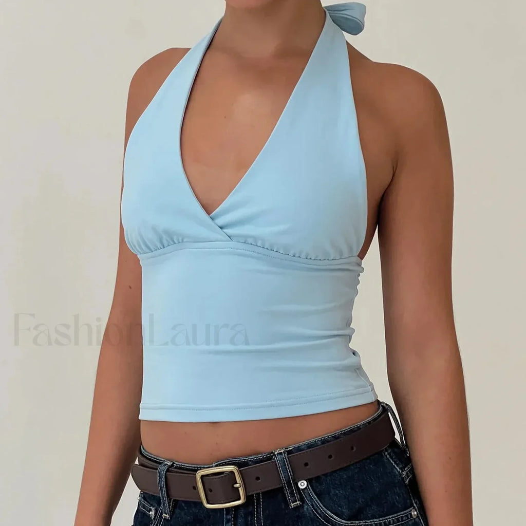 Open Back Solid Halter Crop Top Blue / S