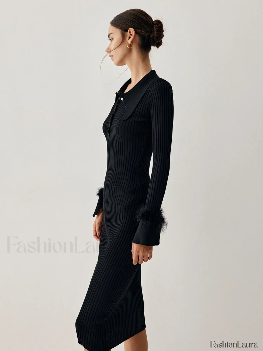 Open Collar Fuzzy Hem Modern Long Sleeve Midi Sweater Dress Sweaters L