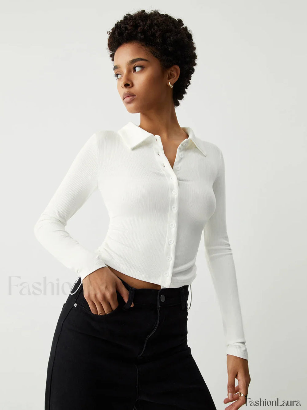 Open Collar Ruched Trendy Long Sleeve Shirt White / S T Shirts
