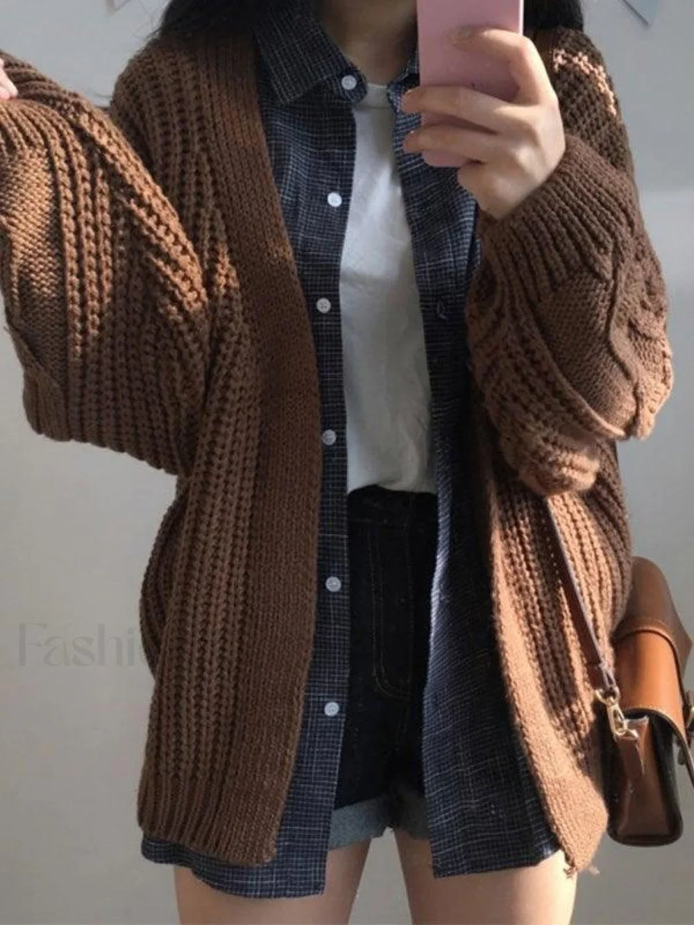 Open Front Cable Knit Cardigan Brown / ONE SIZE Sweaters
