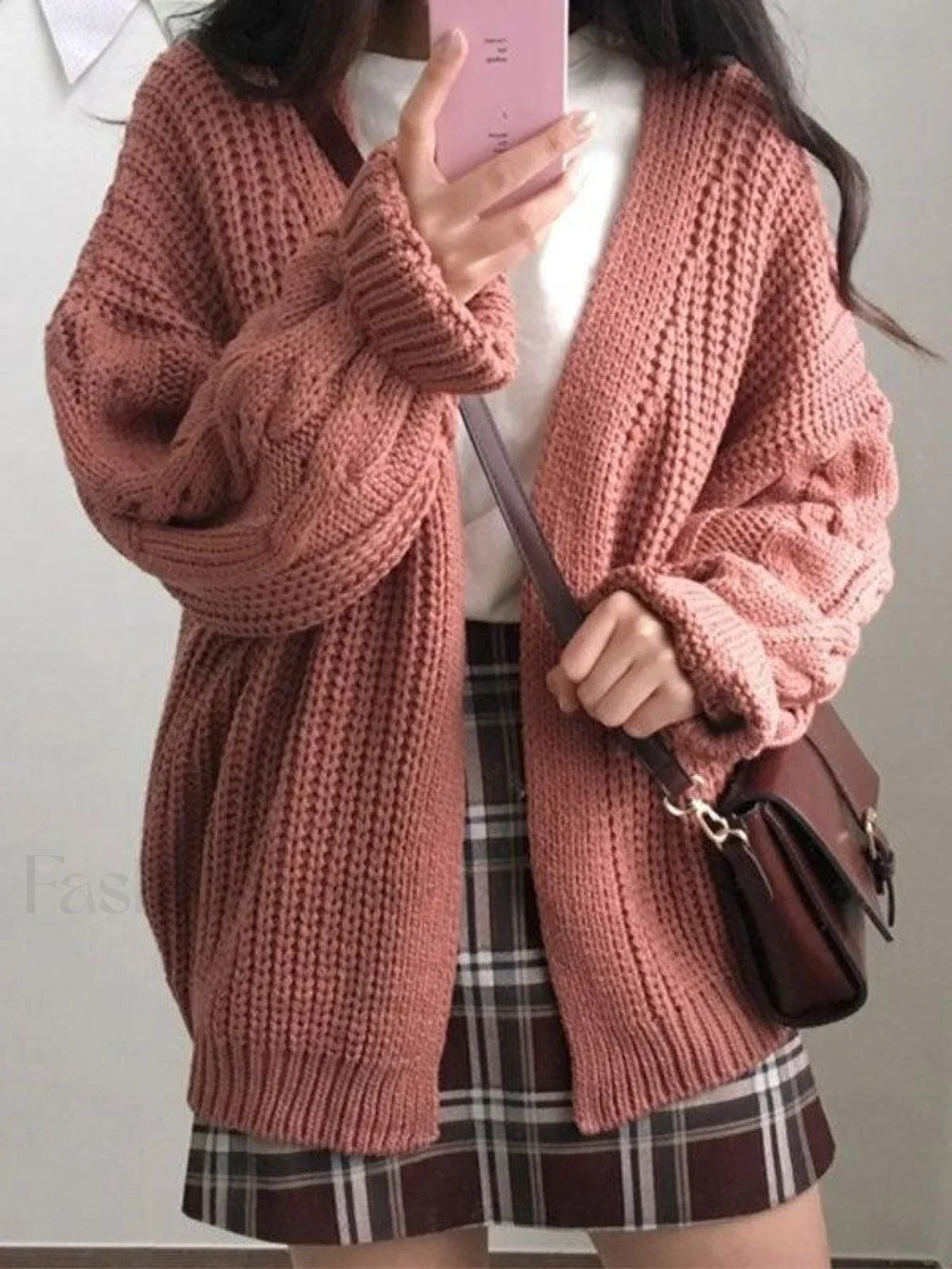 Open Front Cable Knit Cardigan Pink / ONE SIZE Sweaters