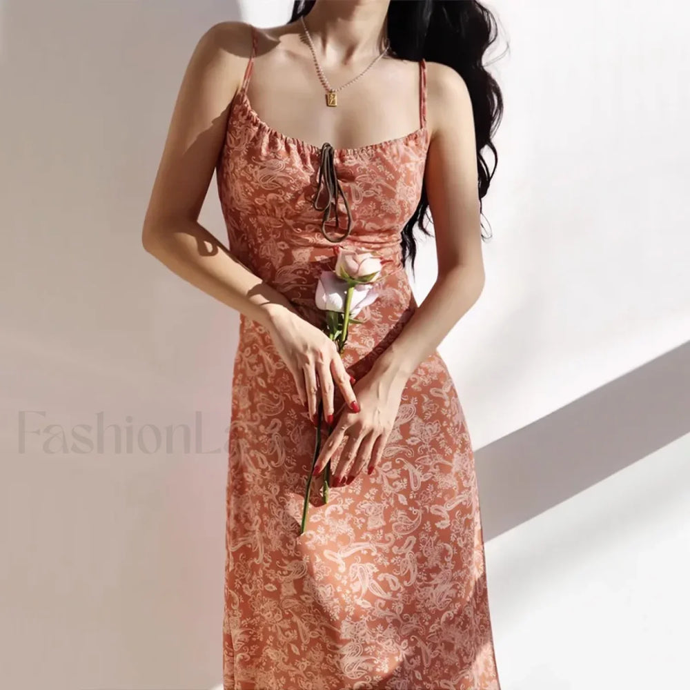 Orange Shirred Smocked Floral Dress orange Midi / S