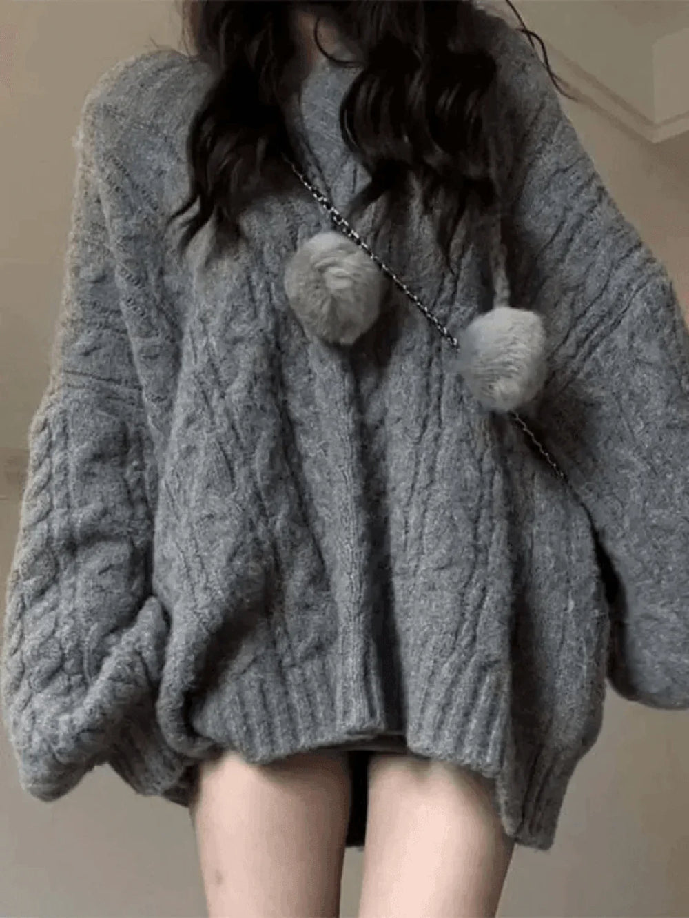 Oversize V Neck Gray Cable Knit Sweater Gray / ONE SIZE Sweaters