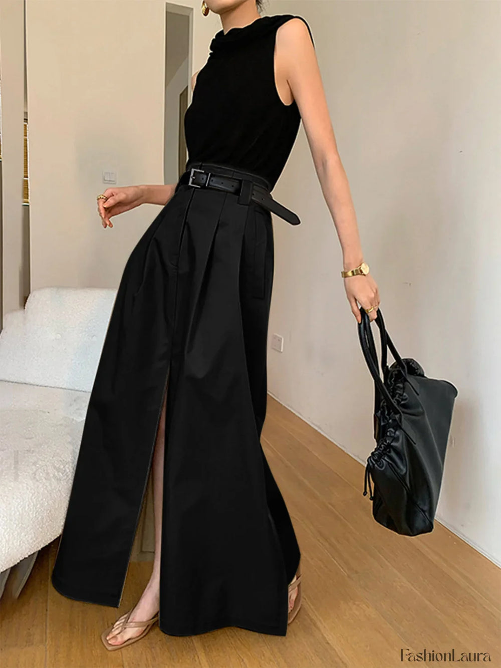Oversized Cotton Split Maxi Skirt Without Belt Black / XS Skirts