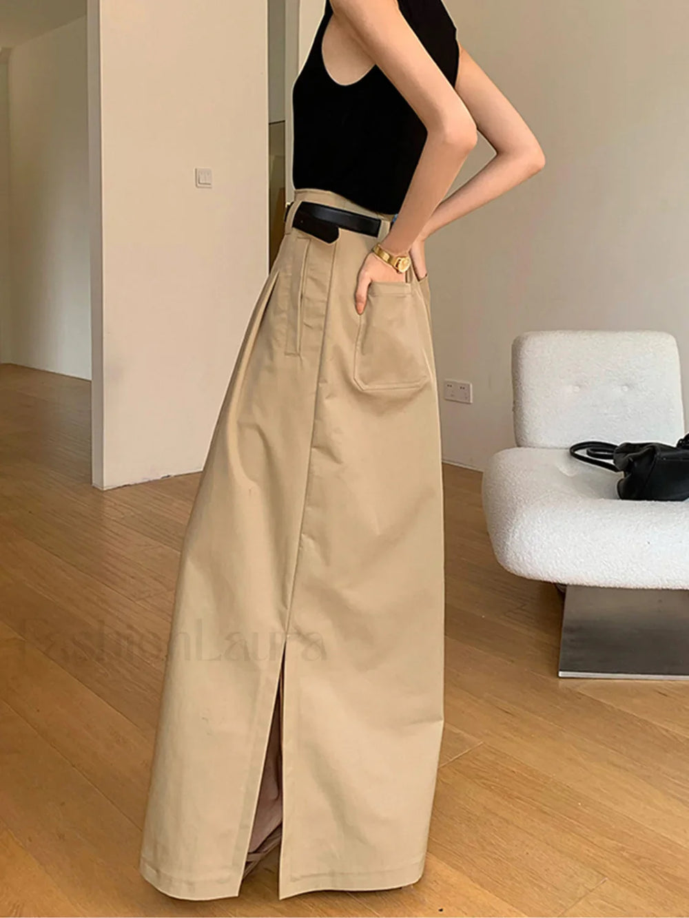 Oversized Cotton Split Maxi Skirt Without Belt Skirts