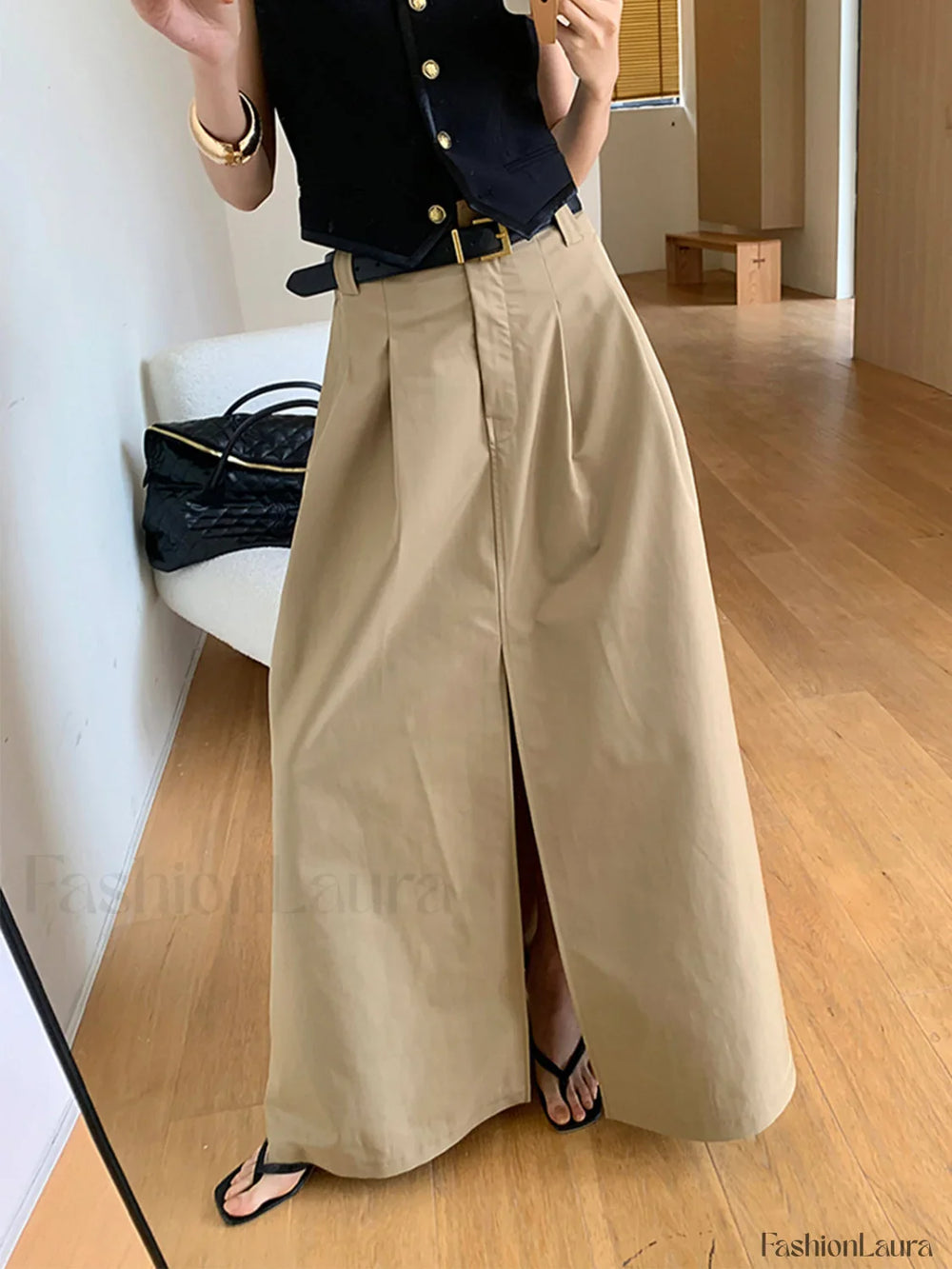 Oversized Cotton Split Maxi Skirt Without Belt Skirts