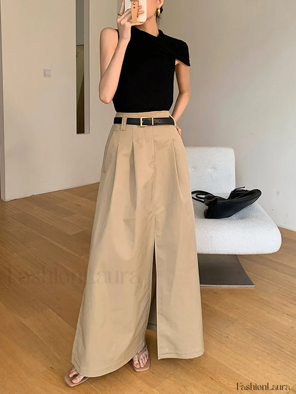 Oversized Cotton Split Maxi Skirt Without Belt Skirts
