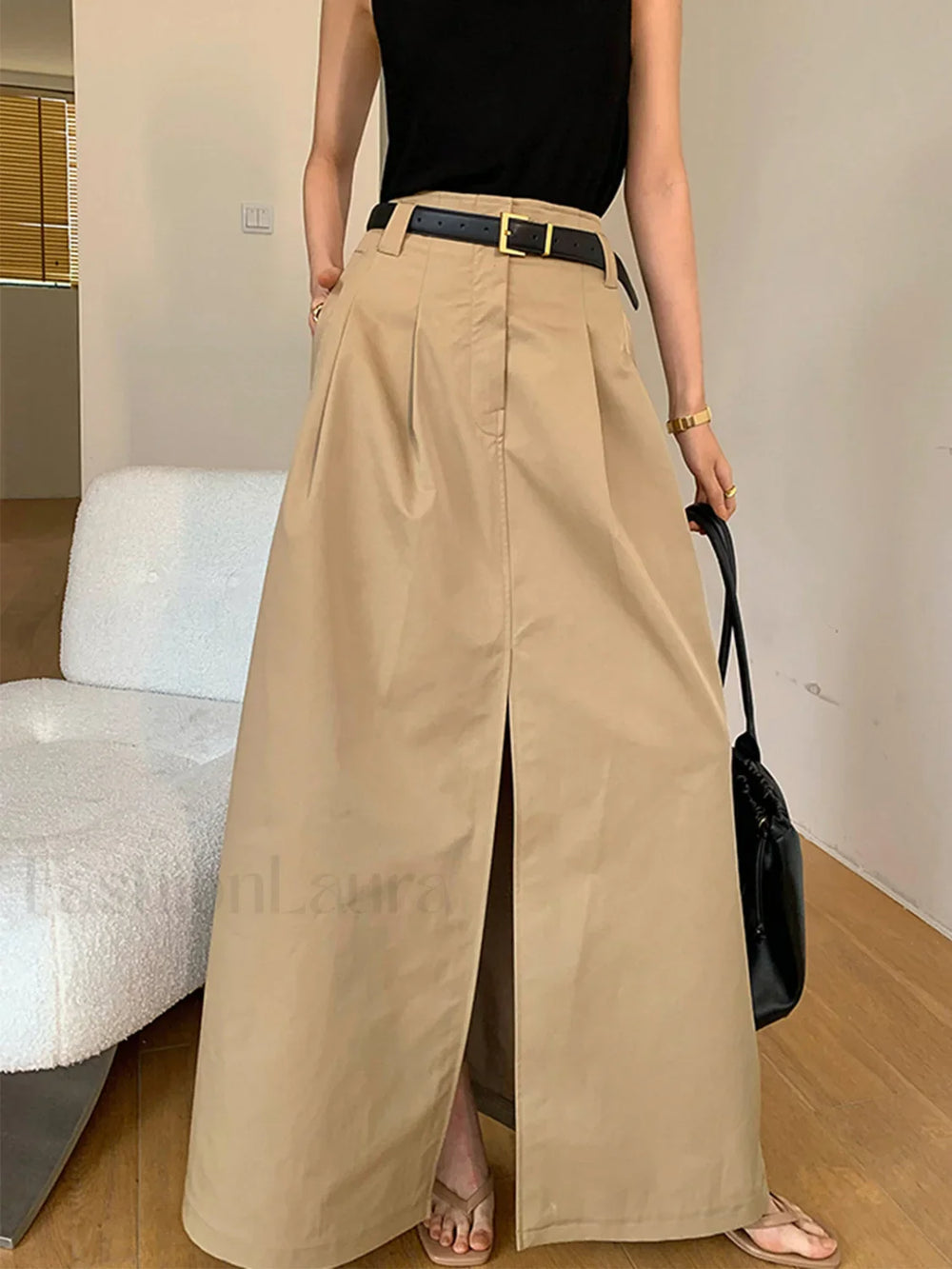 Oversized Cotton Split Maxi Skirt Without Belt Skirts