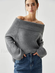 Oversized Overfold Off Shoulder Knit Sweater Grey / XS Sweaters