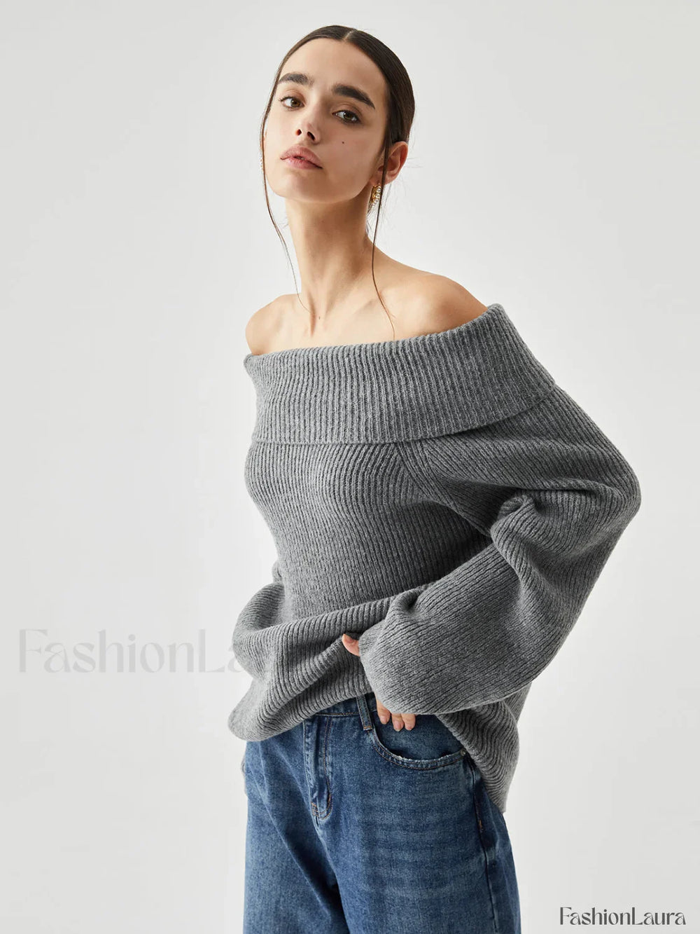 Oversized Overfold Off Trendy Shoulder Knit Sweater Sweaters L