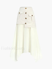 Patchwork Asymmetrical Pleated Buttoned Midi Skirt Skirts