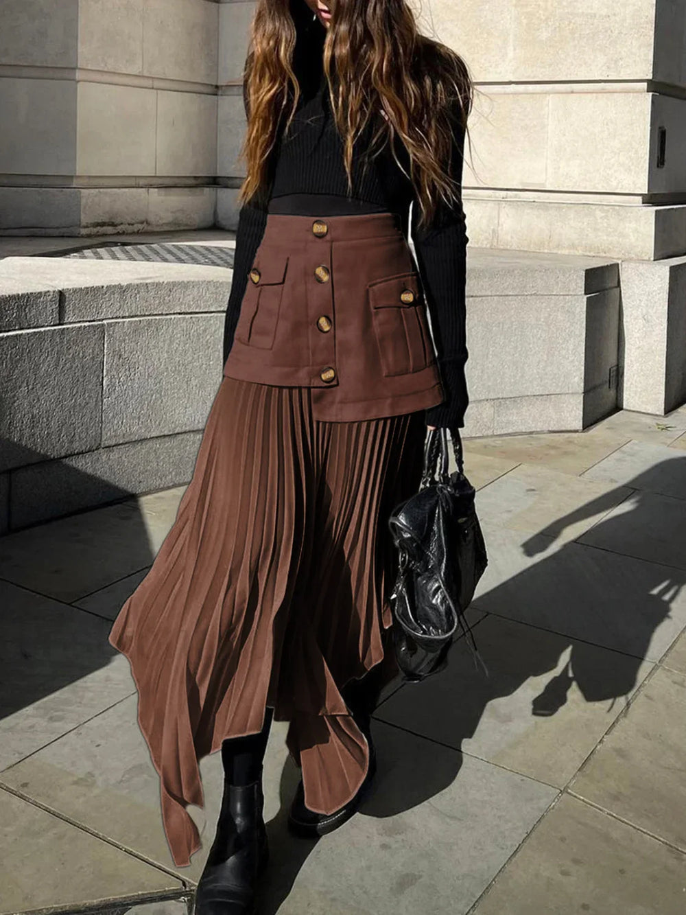 Patchwork Asymmetrical Pleated Trendy Buttoned Midi Skirt Dark Brown / XS Skirts