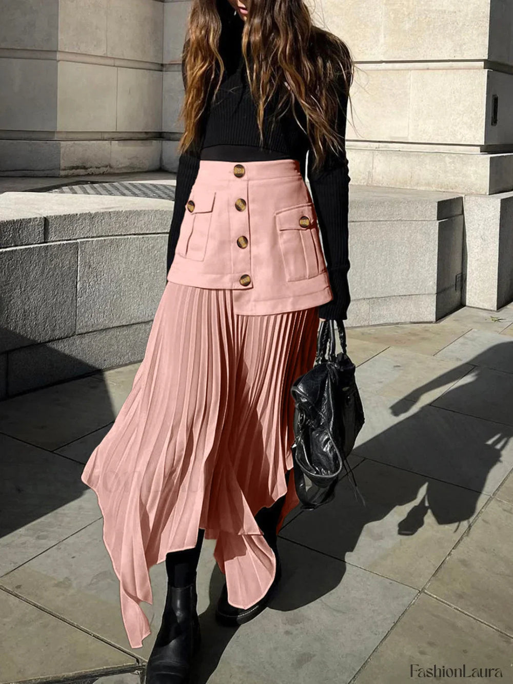 Patchwork Asymmetrical Pleated Trendy Buttoned Midi Skirt Pink / XS Skirts