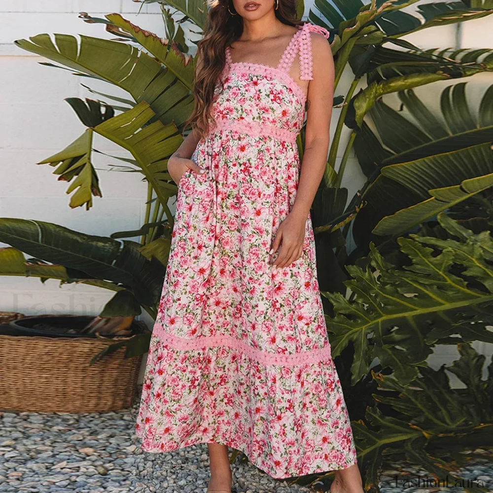 Patchwork Bow Tie Floral Dress 03 Print / S