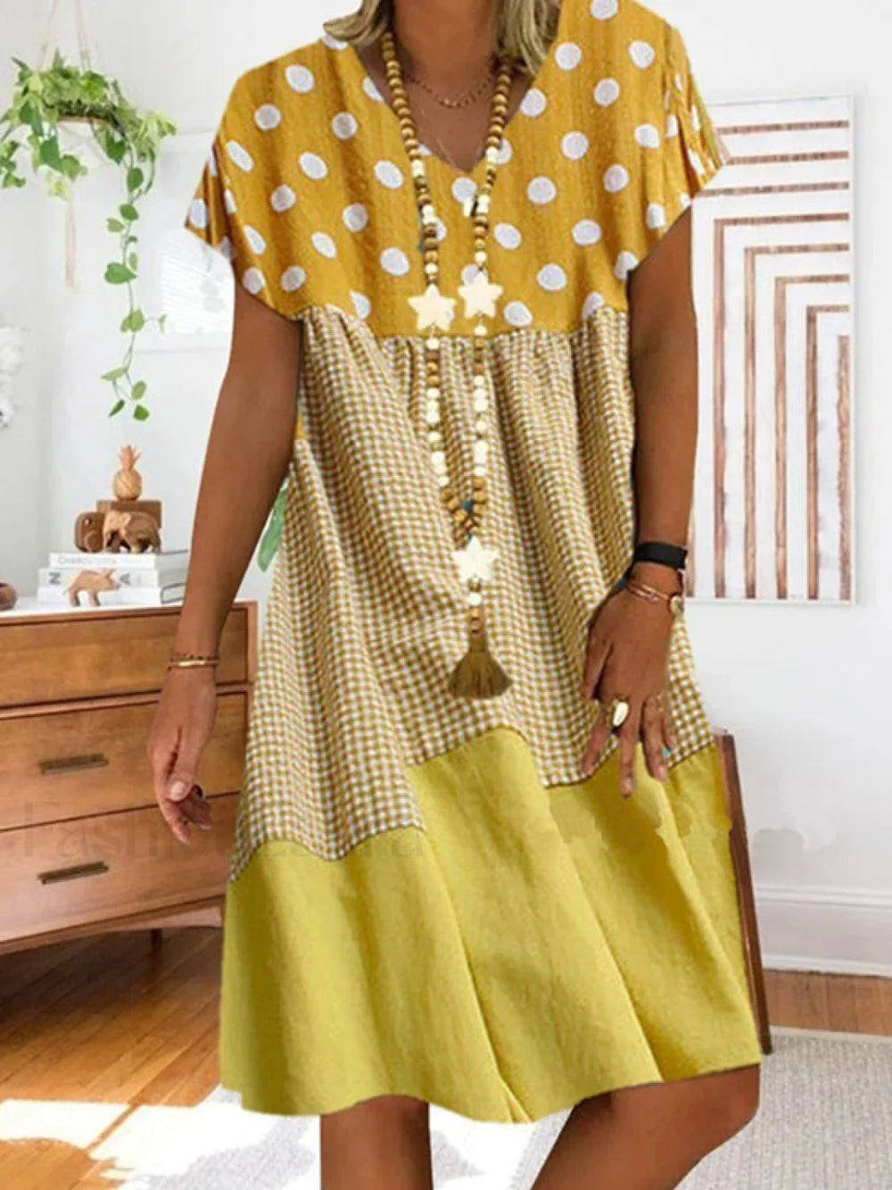 Patchwork Checkered Print Midi Dress Yellow / S Midi Dresses