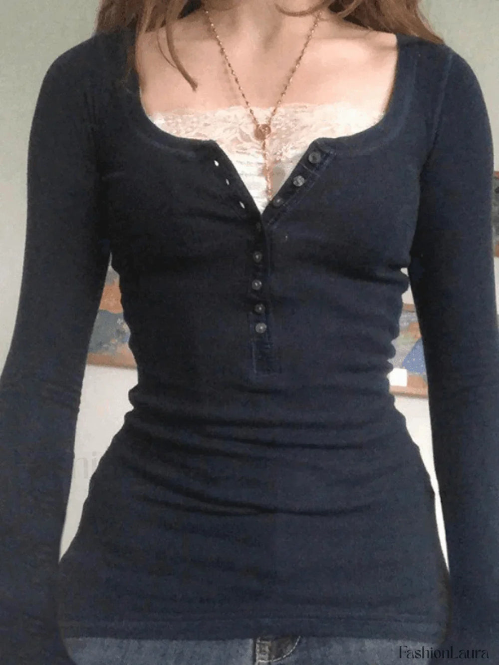 Patchwork Lace Buttoned Long Sleeve Tee Tops&Tees