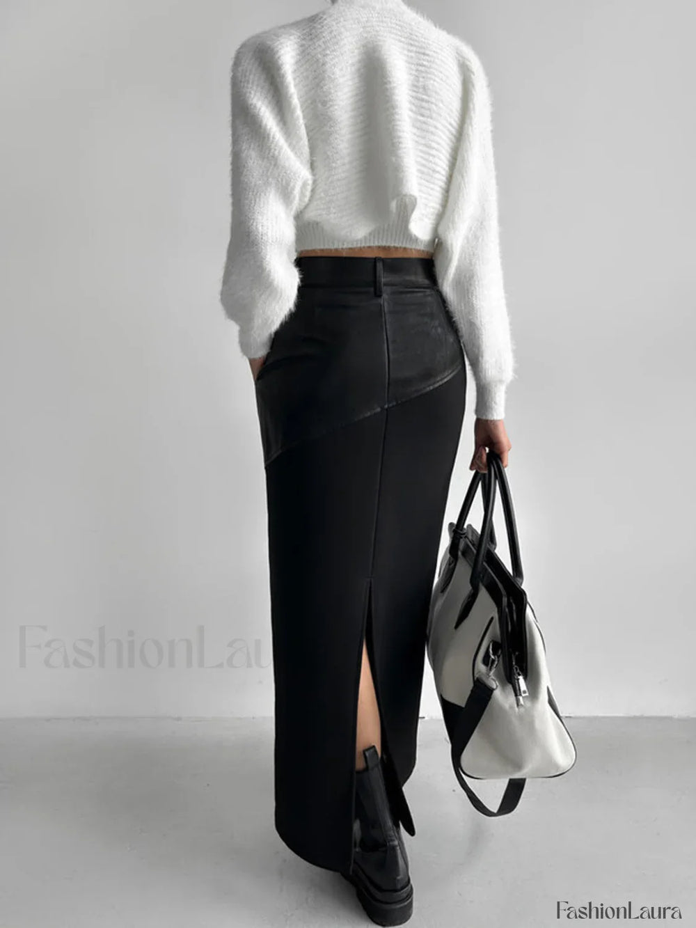 Patchwork Leather High Trendy Waist Maxi Skirt Skirts