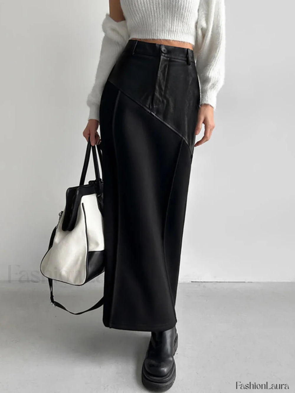 Patchwork Leather High Trendy Waist Maxi Skirt Skirts