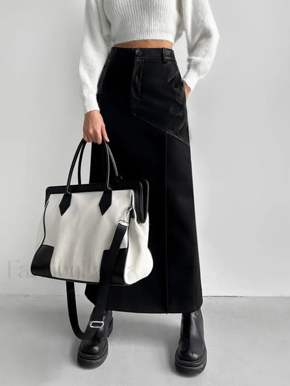 Patchwork Leather High Trendy Waist Maxi Skirt Skirts