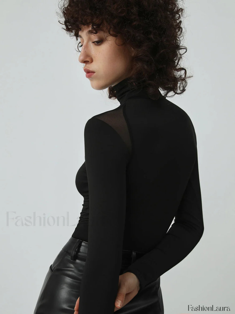 Patchwork Mesh Turtleneck Long Sleeve Bodysuit Bodysuits
