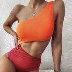 Patchwork One Shoulder Hollow One Piece