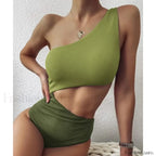Patchwork One Shoulder Hollow One Piece ArmyGreen Swimsuit / S