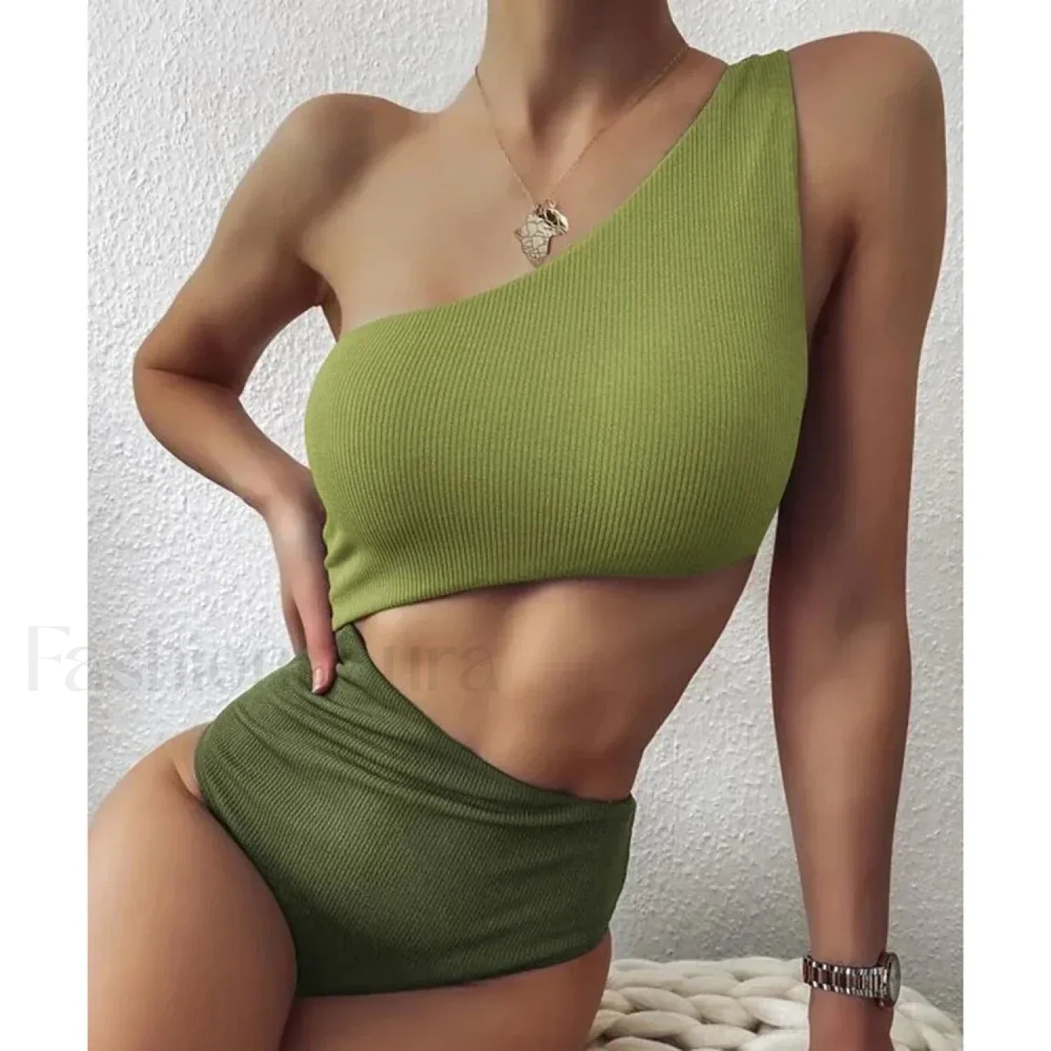 Patchwork One Shoulder Hollow One Piece ArmyGreen Swimsuit / S