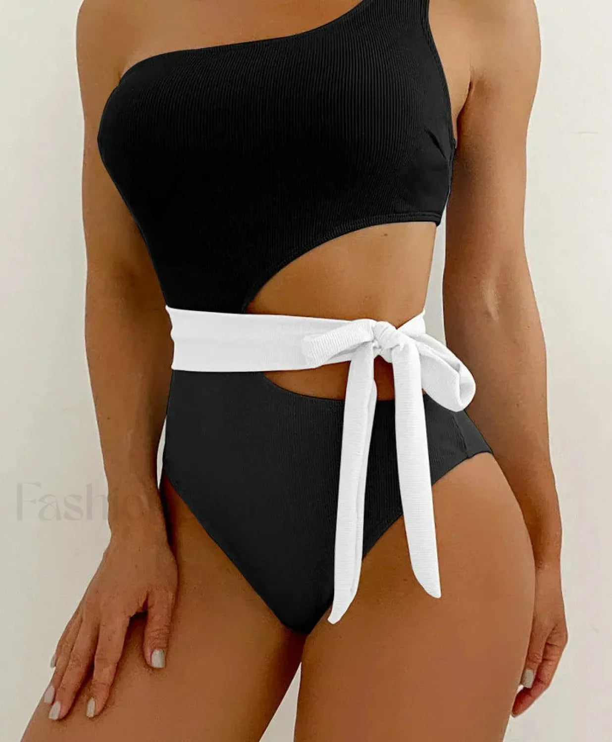 Patchwork One Shoulder Hollow One Piece Black / S