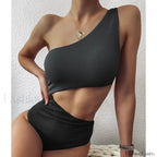 Patchwork One Shoulder Hollow One Piece Black Swimsuit / S