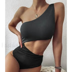 Patchwork One Shoulder Hollow One Piece Black Swimsuit / S