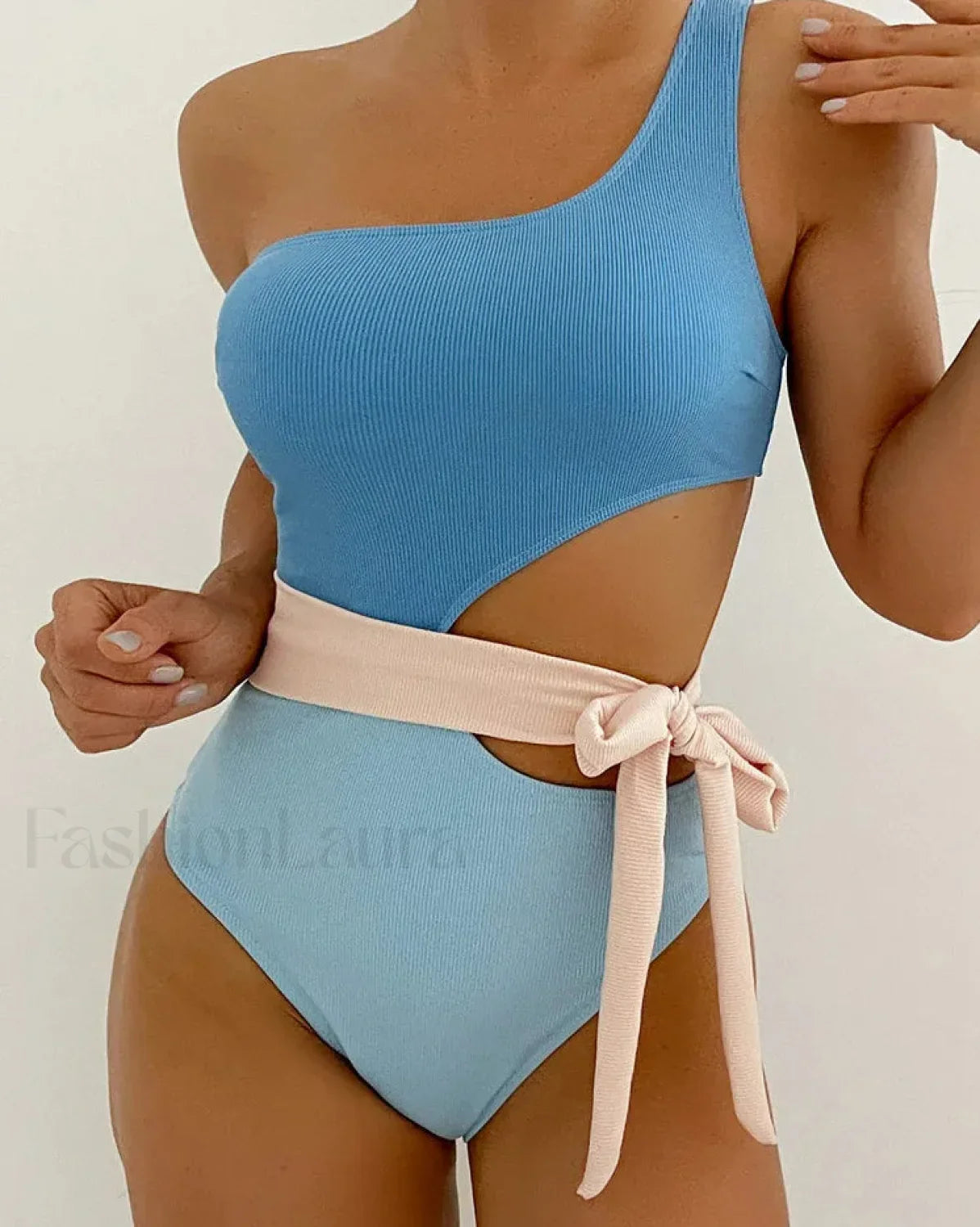Patchwork One Shoulder Hollow One Piece Blue / S