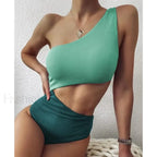 Patchwork One Shoulder Hollow One Piece Green Swimsuit / S