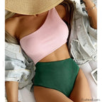 Patchwork One Shoulder Hollow One Piece Pink Green Swimsuit / S
