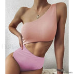Patchwork One Shoulder Hollow One Piece Pink Swimsuit / S