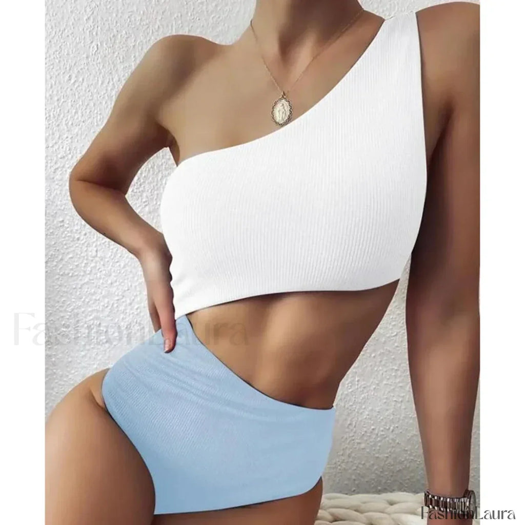 Patchwork One Shoulder Hollow One Piece White Blue Swimsuit / S