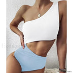 Patchwork One Shoulder Hollow One Piece White Blue Swimsuit / S