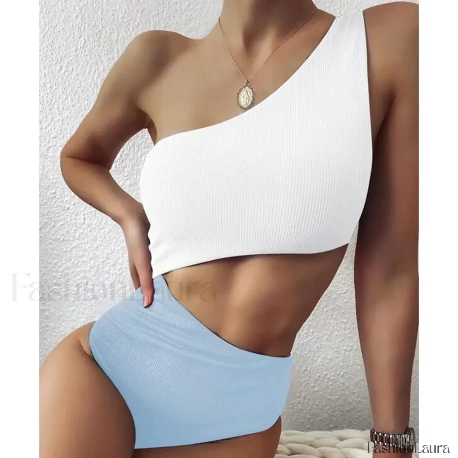 Patchwork One Shoulder Hollow One Piece White Blue Swimsuit / S