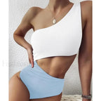 Patchwork One Shoulder Hollow One Piece White Blue Swimsuit / S