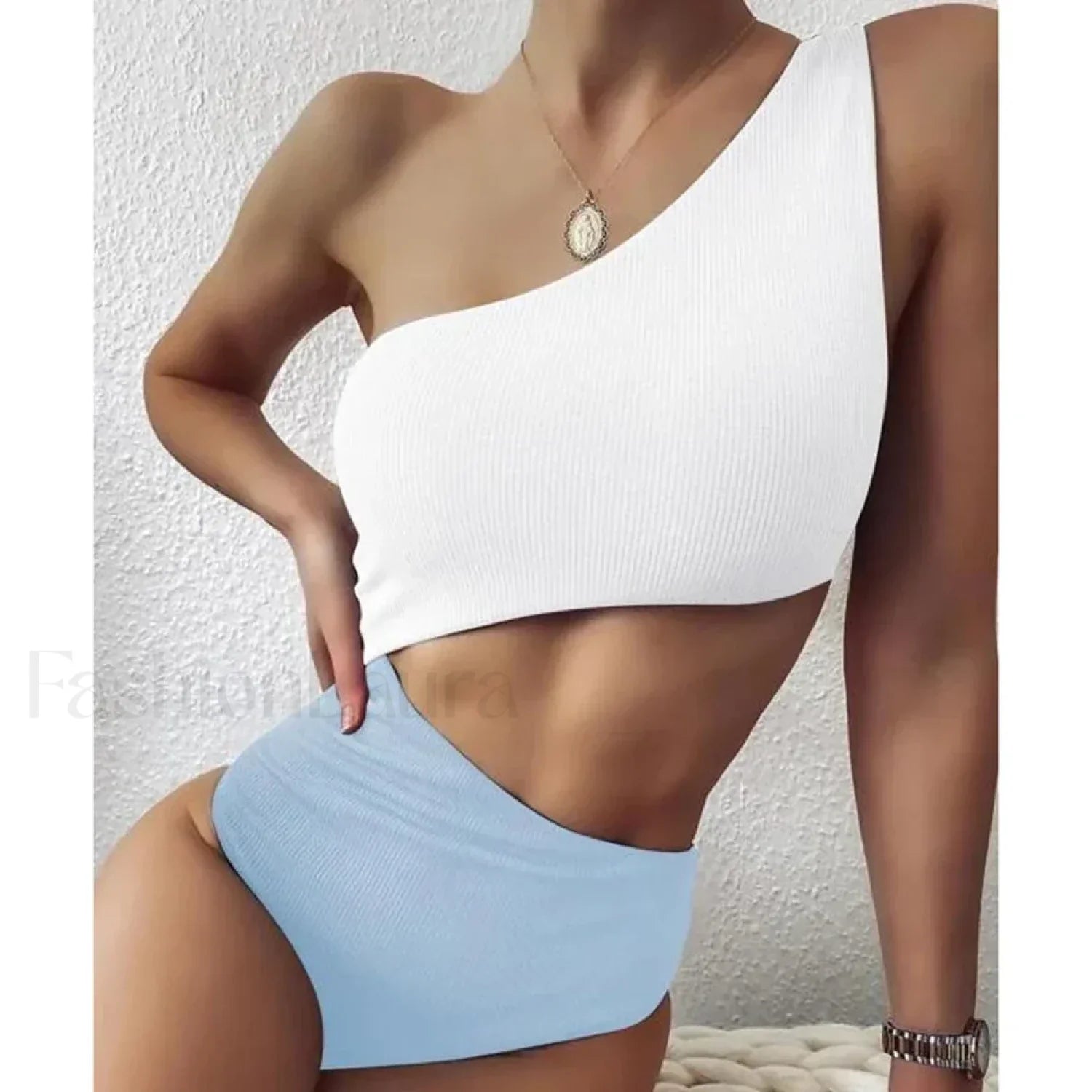 Patchwork One Shoulder Hollow One Piece White Blue Swimsuit / S