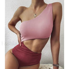 Patchwork One Shoulder Hollow One Piece Wine red Pink Swim / S