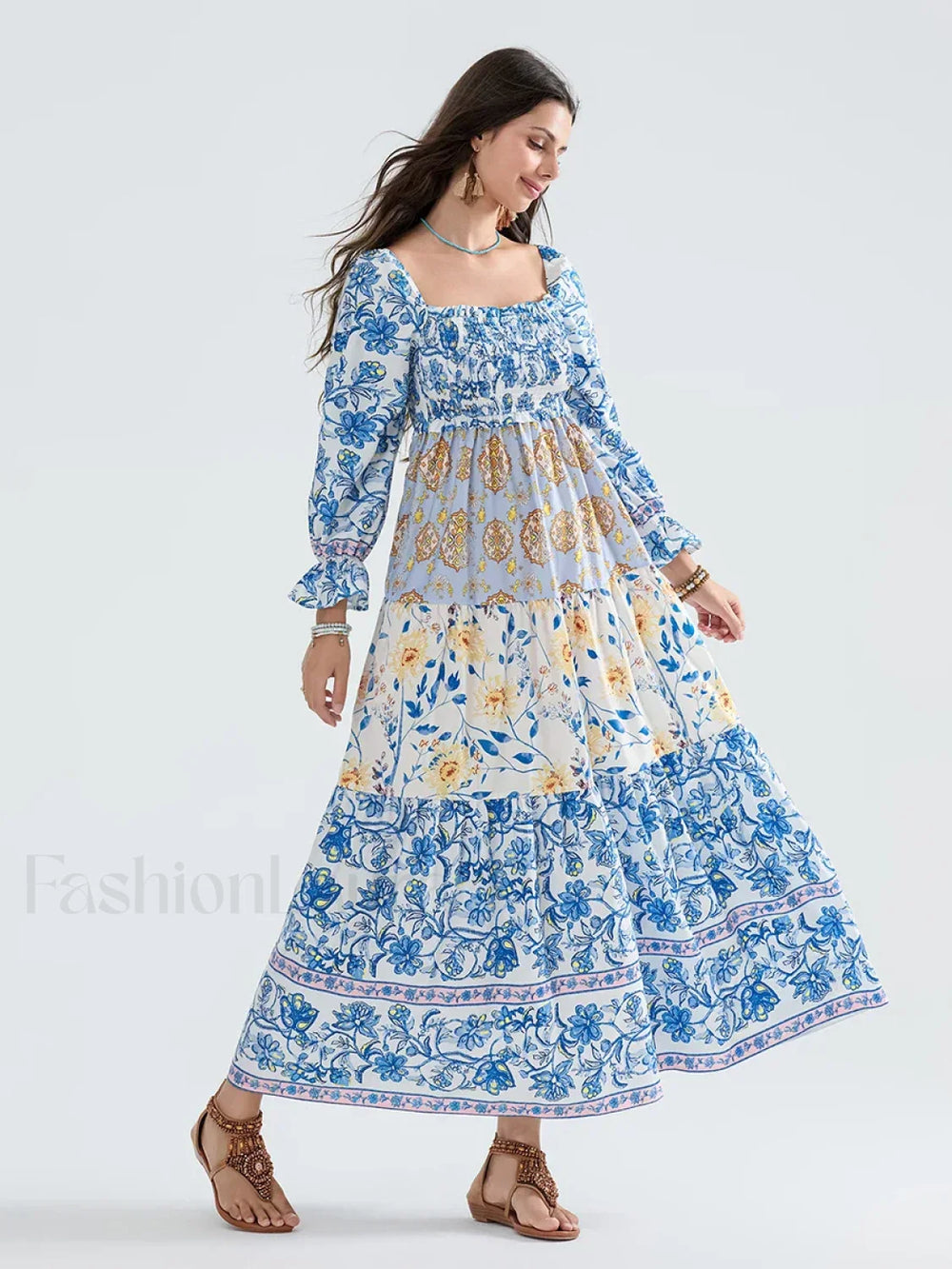 Patchwork Puff Sleeve Boho Dress