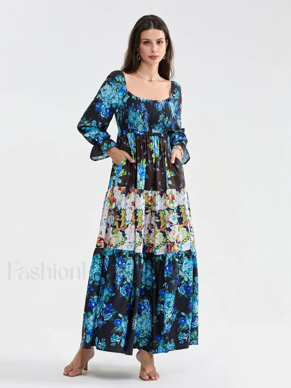 Patchwork Puff Sleeve Boho Dress green / S