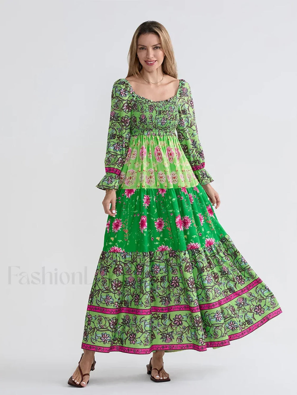 Patchwork Puff Sleeve Boho Dress green1 / S