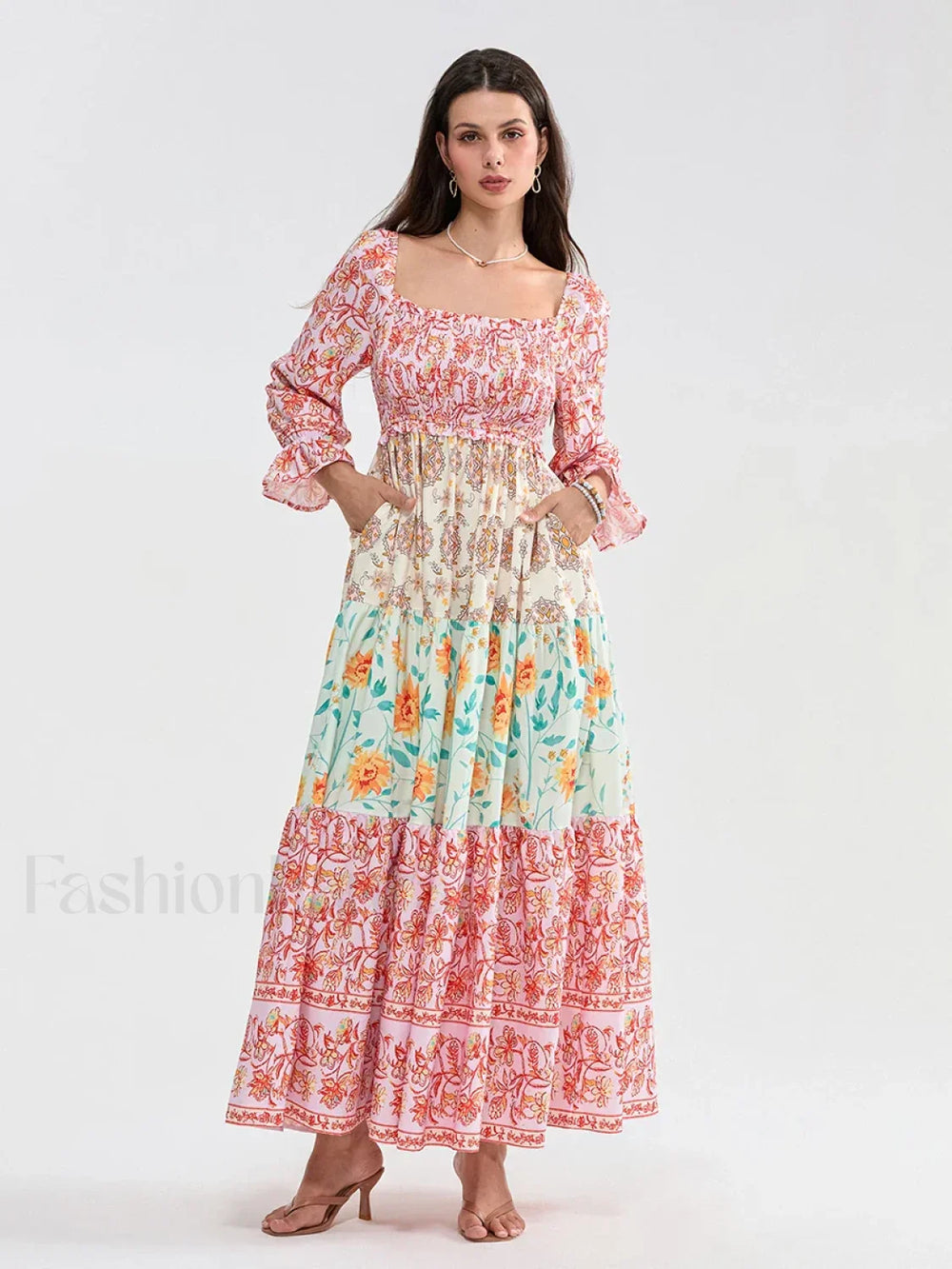 Patchwork Puff Sleeve Boho Dress pink / S